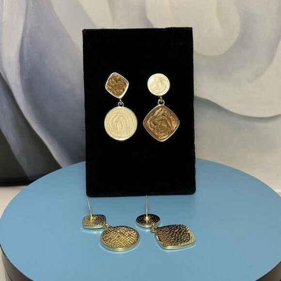 Alina Ellison Enamel Sheen Geo Dangle Earrings Cream Brown Gold Gift Packaged - Picture 1 of 11
